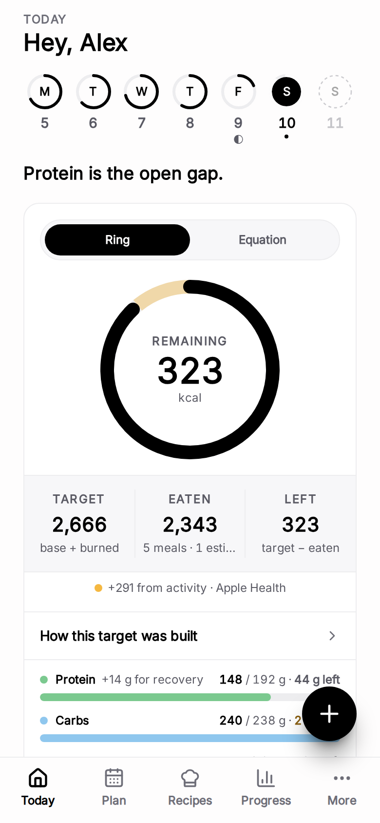 The Today screen: the calorie ring with what's left, the week's days, target, eaten and left, activity from Apple Health, and protein, carbs and fat.