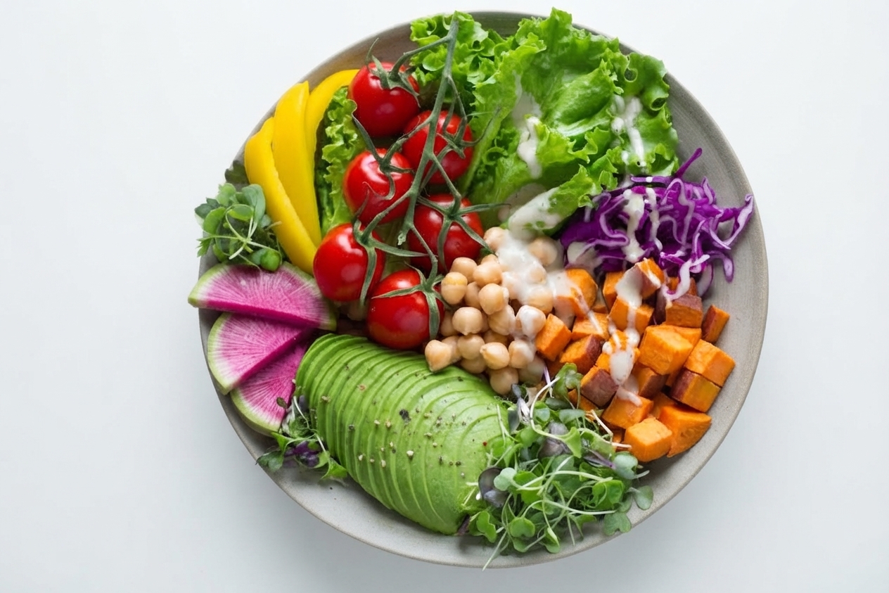 A salad bowl with tomatoes, avocado, lettuce, yellow pepper, red cabbage, chickpeas, sweet potato, watermelon radish, microgreens and a creamy dressing